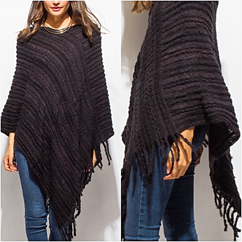 Red Boho Fringe Fuzzy Sweater Poncho O/S - Picture 6 of 7